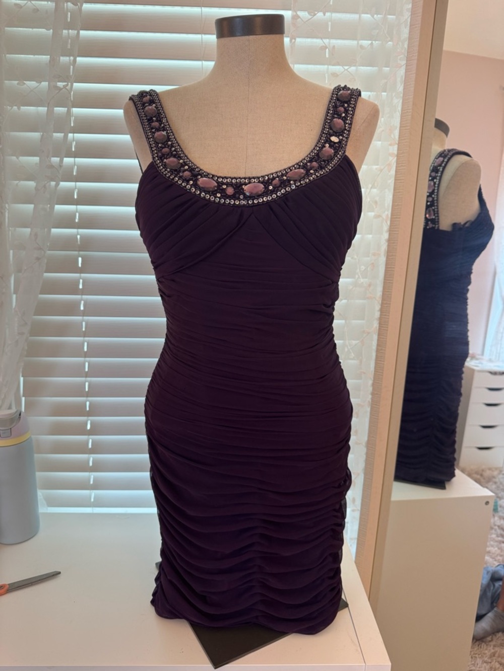 Cache Deep Plum Embellished Ruched Mini Dress